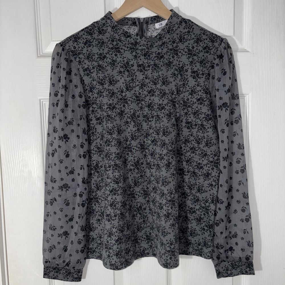 DR 2 Blouse Gray Black Floral Sheer Long Sleeve Band Collar Women's Size M